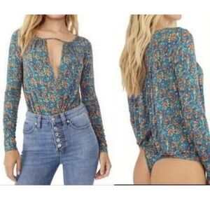 Free People Women Floral‎ Bodysuit Turquoise Lightweight Casual Size XS NWOT
